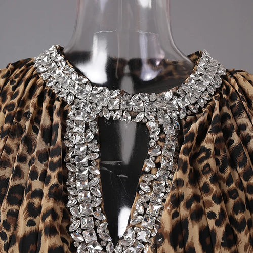 Load image into Gallery viewer, Women Brown Leopard Printed Rhinestones Long Dress New Round Neck Long Sleeve Fashion Tide Spring Autumn 2025 3WM2692
