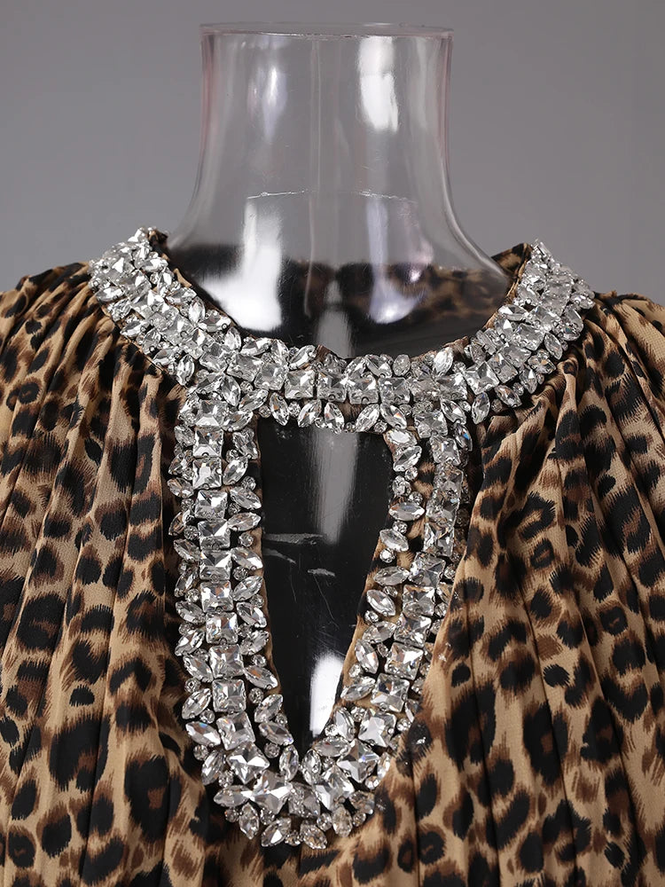 Women Brown Leopard Printed Rhinestones Long Dress New Round Neck Long Sleeve Fashion Tide Spring Autumn 2025 3WM2692