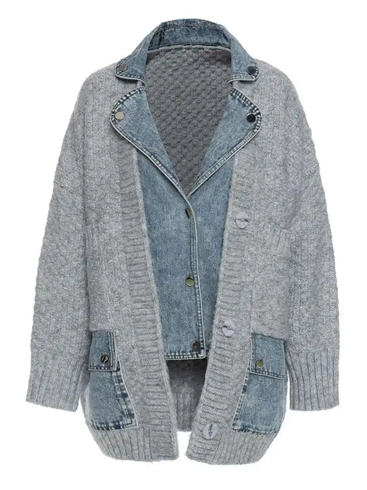 Gray Denim Irregular Big Size Knitting Cardigan Sweater Lapel Long Sleeve Women New Fashion Autumn Winter 2025 1DH5636