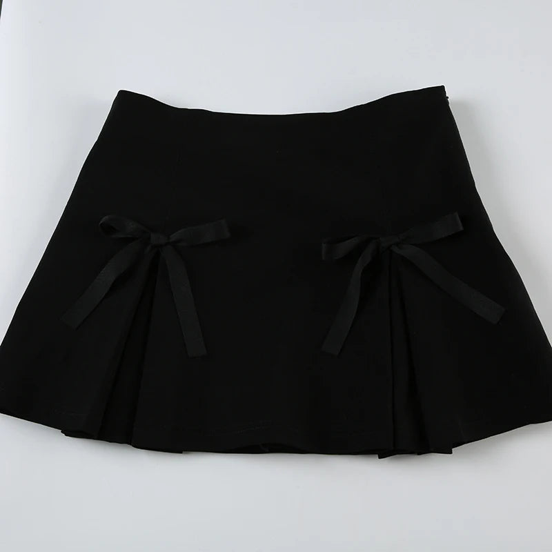 Fashion Chic Satin High Waist Mini Skirt Women Bow A-Line Solid Slim Dark Academia Summer Skirts Gothic Preppy Style