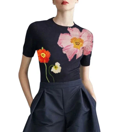 Summer Black T-Shirts For Women Fashion Floral Printed 2025 New Round-neck Vintage Casual Short Sleeves Skinny Tops