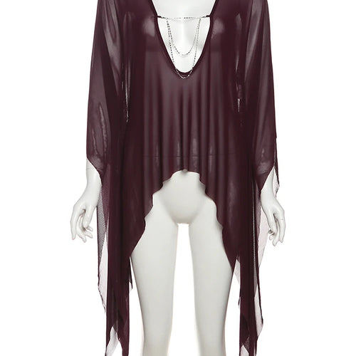 Load image into Gallery viewer, Hot Girls Mesh See Through T-Shirts Women Sexy Deep V-Neck Full Sleeve Irregular Ruffles Tassel Street Wild Style Top
