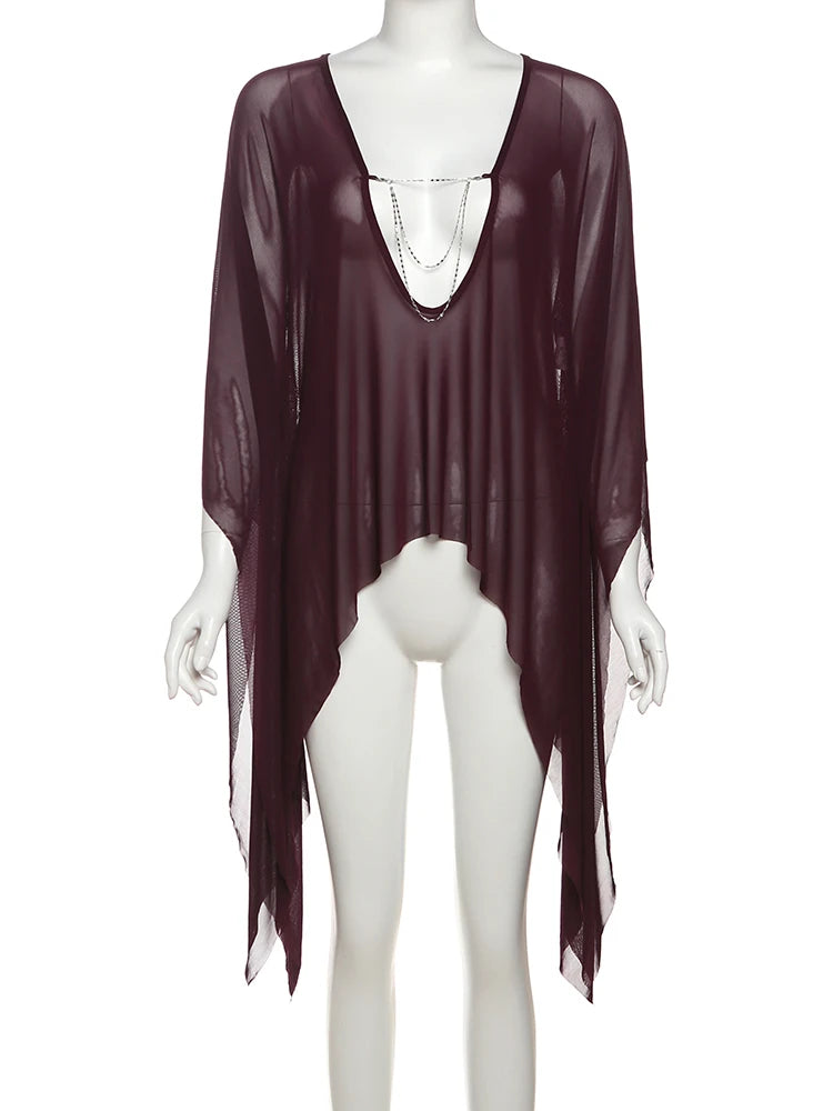 Hot Girls Mesh See Through T-Shirts Women Sexy Deep V-Neck Full Sleeve Irregular Ruffles Tassel Street Wild Style Top