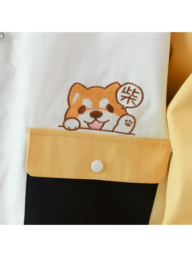 Shiba Inu Embroidery Harajuku Kawaii Women Hooded Quilted Coats Winter Long Sleeve Ladies Cotton Liner Jackets Outwears