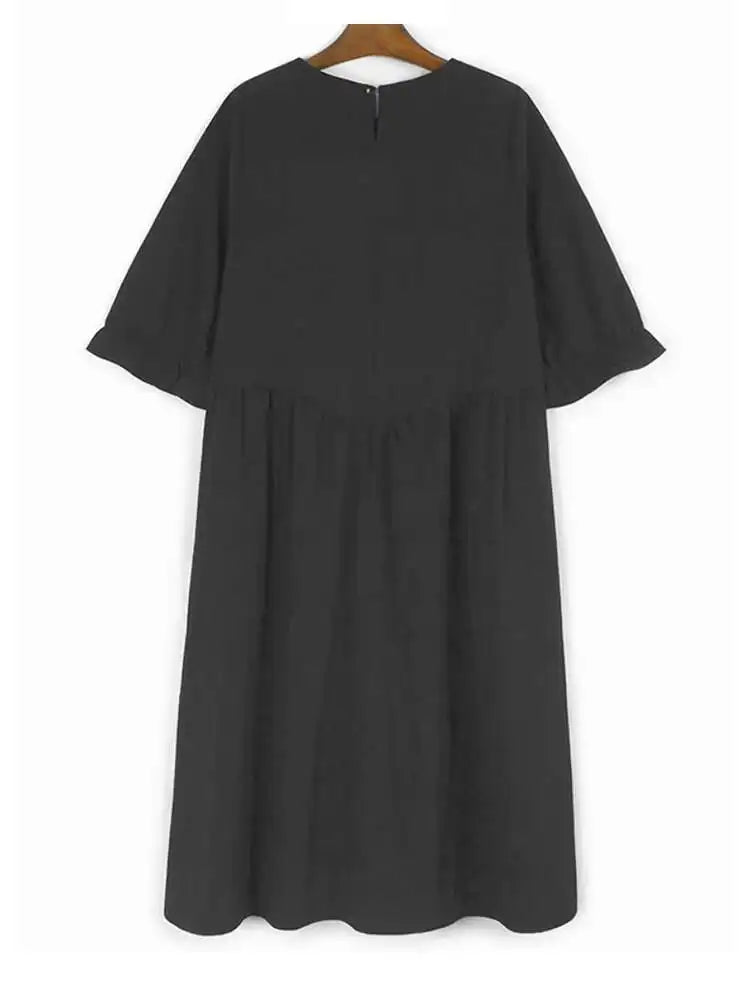 Women Black Pleated Brief Big Size Midi Dress New Round Neck Three-quarter Sleeve Fashion Spring Autumn 2025   1DJ0716