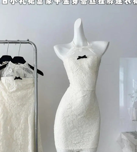 French Summer White Lace Sexy Backless Elegant Bow Evening Dress Women Sleeveless Halter Lace-up Vacation Party Gown Short Dress