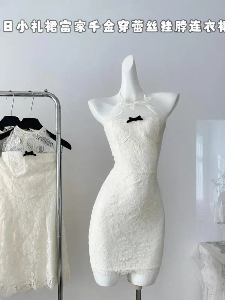 French Summer White Lace Sexy Backless Elegant Bow Evening Dress Women Sleeveless Halter Lace-up Vacation Party Gown Short Dress