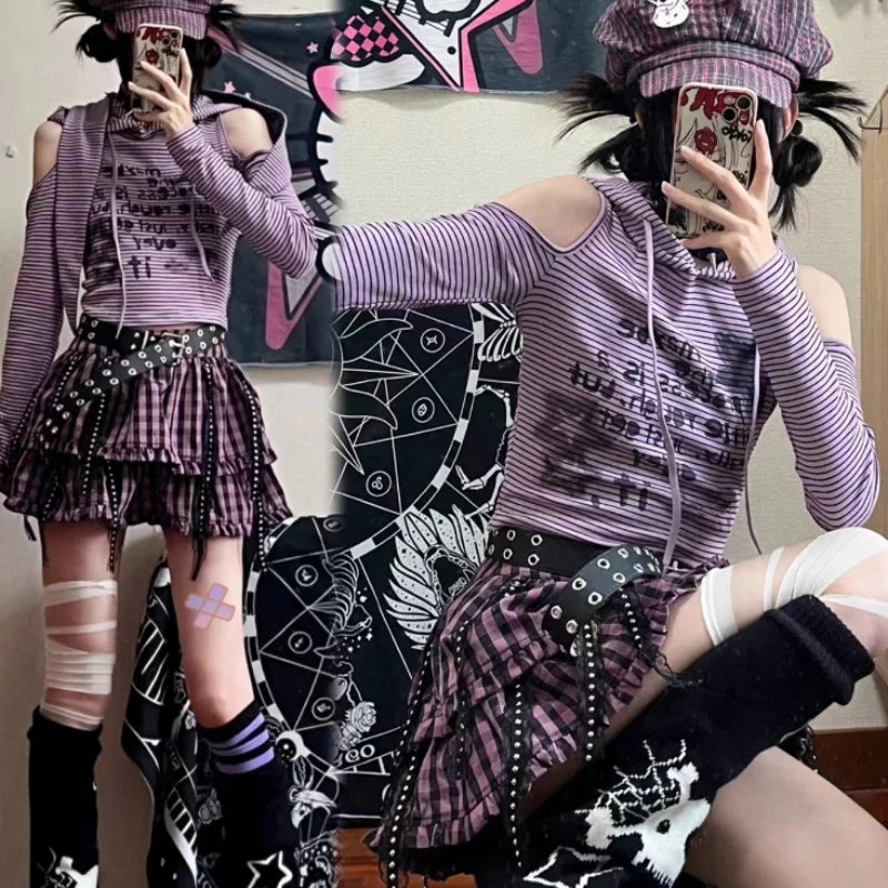 Japanese Y2k Rabbit Hooded Striped T-shirt Vintage Hollow Out  Aesthetic Off Shoulder Grunge Streetwear Punk  Emo