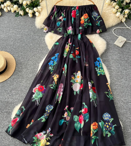 Women Black Flower Vacation Temperament Long Dress Summer White Print Off Shoulderslim High Waist Party Dress Popular Robe Boho