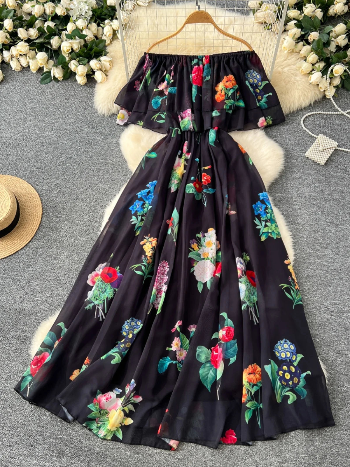 Women Black Flower Vacation Temperament Long Dress Summer White Print Off Shoulderslim High Waist Party Dress Popular Robe Boho