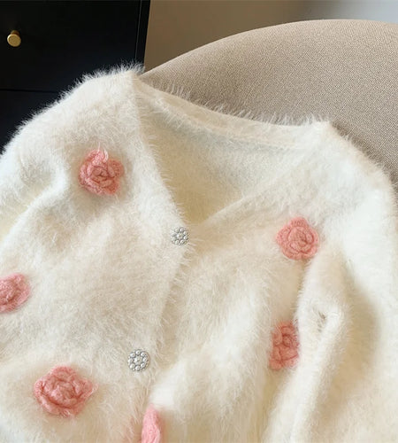 Autumn Winter White Pink Flower Decoration Knitted Cardigan Tops Women V Neck Single Breasted Long Sleeve Imitation Mink Sweater
