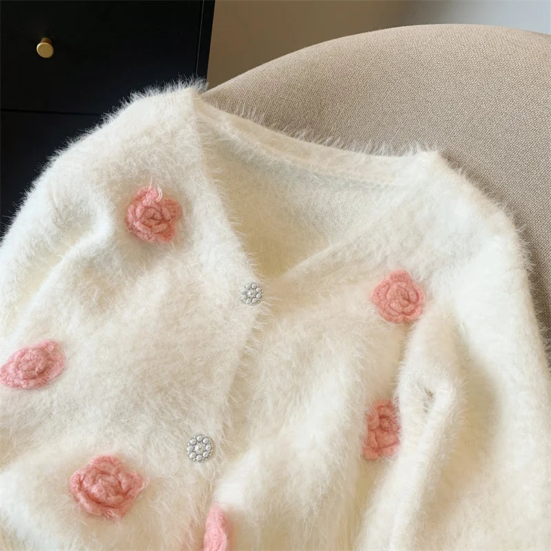 Autumn Winter White Pink Flower Decoration Knitted Cardigan Tops Women V Neck Single Breasted Long Sleeve Imitation Mink Sweater