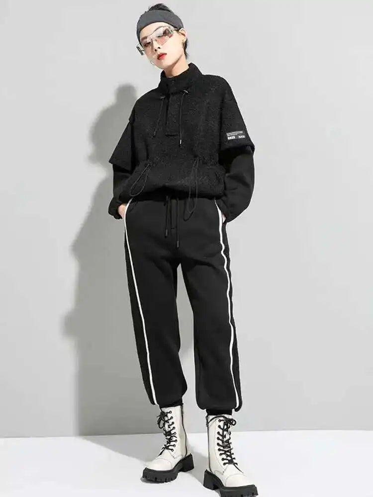 High Elastic Waist Black Drawstring Topstitched Pants New Loose Fit Trousers Women Fashion Tide Spring Autumn 2025 1DF4695