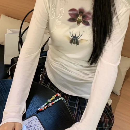 Load image into Gallery viewer, Y2k Aesthetic Flower Printing Casual Tshirts Women Harajuku Slim Fit Embroidery Tees 2025 Spring Grunge Slash Neck Simple Tops
