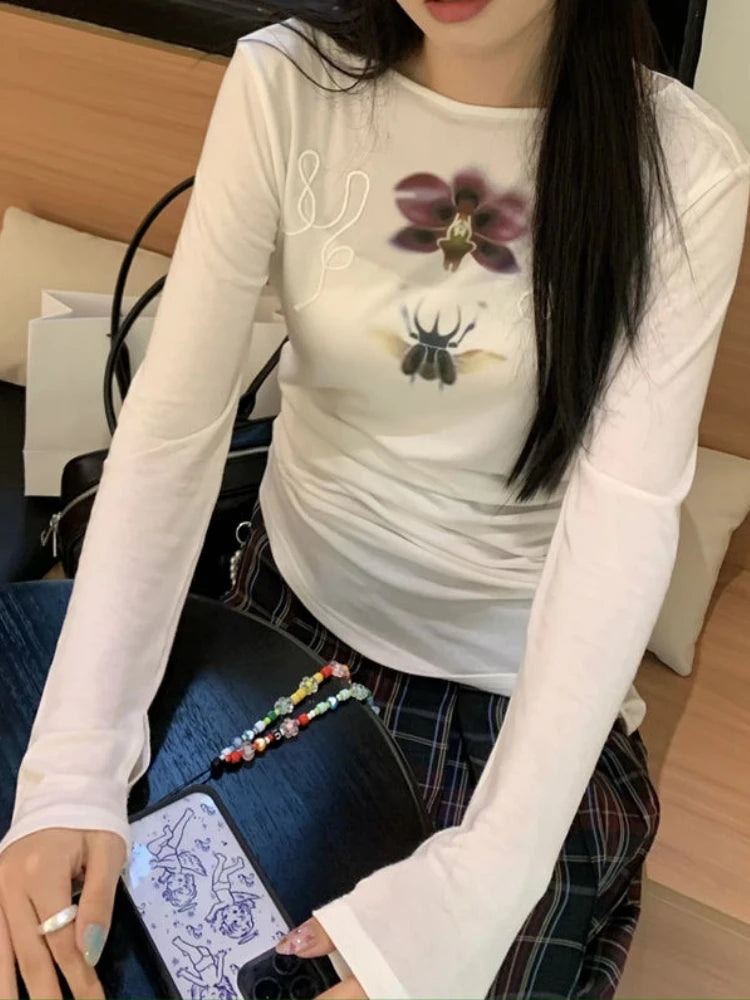 Y2k Aesthetic Flower Printing Casual Tshirts Women Harajuku Slim Fit Embroidery Tees 2025 Spring Grunge Slash Neck Simple Tops