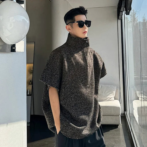 Load image into Gallery viewer, Korean Style Men&#39;s T-shirt Turtleneck Maillard Herringbone Fabric Bat Short Sleeve Zippered Male Top Spring 9C5067
