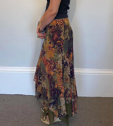 Vintage Floral Printed Asymmetric Hem Skirts Women Summer Low Waist Slimming Skirt 90s Fairy Mesh Pathced Outfits New