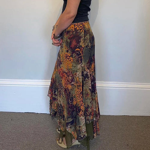 Load image into Gallery viewer, Vintage Floral Printed Asymmetric Hem Skirts Women Summer Low Waist Slimming Skirt 90s Fairy Mesh Pathced Outfits New
