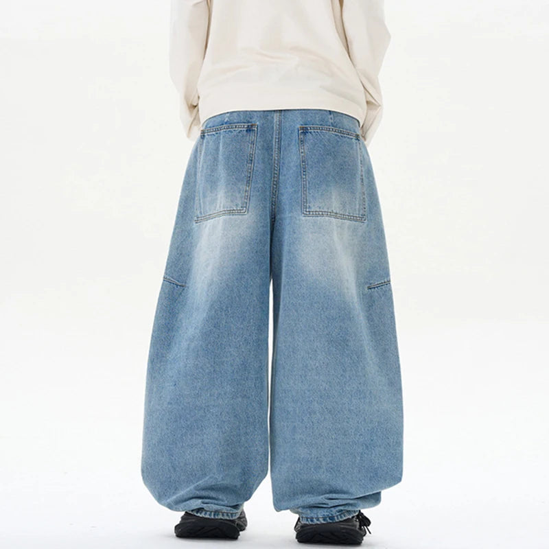 Men Jeans Straight Wide Leg Curved Knife Design Splicing Gradient Color Trendy New High Street Summer Male Clothing 9W2026