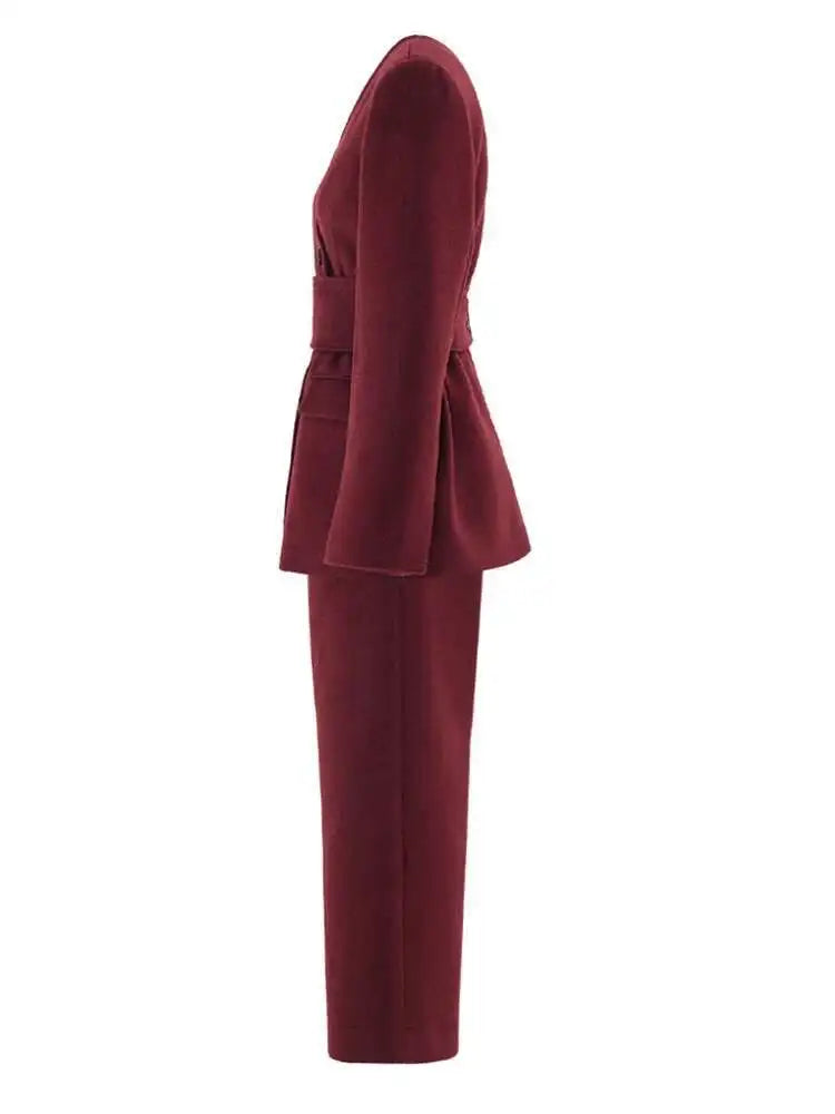 Big Size Red Blazer Wide Leg Pants Two Piece Suit New V-Neck Long Sleeve Women Fashion Tide Spring Autumn 2025 LM0110803