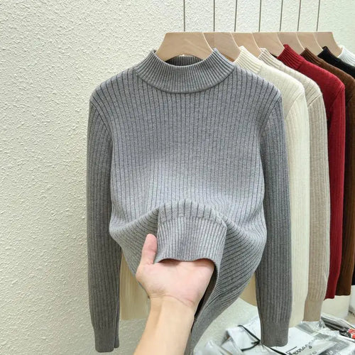 Load image into Gallery viewer, Autumn Winter Korean Fashion Solid Half High Neck Velvet Knitted Sweater Women Warm Long Sleeve Pullovers Top Versatile Clothing
