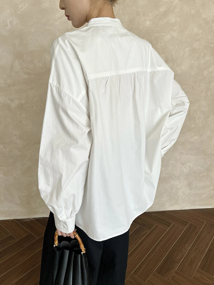 Women White Elegant Big Size Blouse New Stand Collar Long Lantern Sleeve Shirt Fashion Tide Spring Autumn 2025 1DH9280