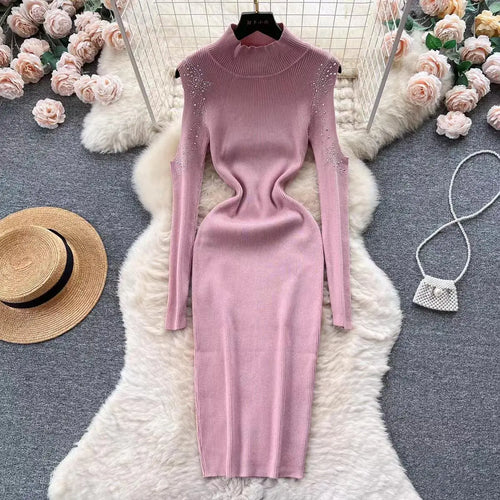 Load image into Gallery viewer, Autumn Elegant Half High Neck Long Sleeves Hollow Out Diamonds Hip Wrap Dress 2023 Fashion Slim Knitted Midi Dress French Simple
