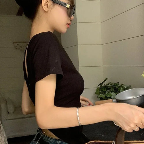 Load image into Gallery viewer, Y2k Aesthetic Solid Backless Short Sleeve Tshirts 2025 Summer Slim All Match Crop Top Ins Sexy Streetwear Women Cotton T-shirt
