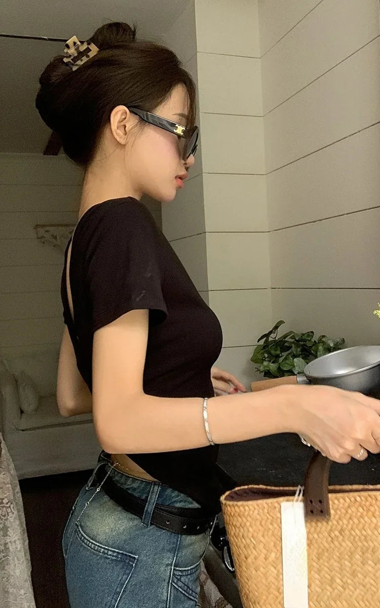 Y2k Aesthetic Solid Backless Short Sleeve Tshirts 2025 Summer Slim All Match Crop Top Ins Sexy Streetwear Women Cotton T-shirt