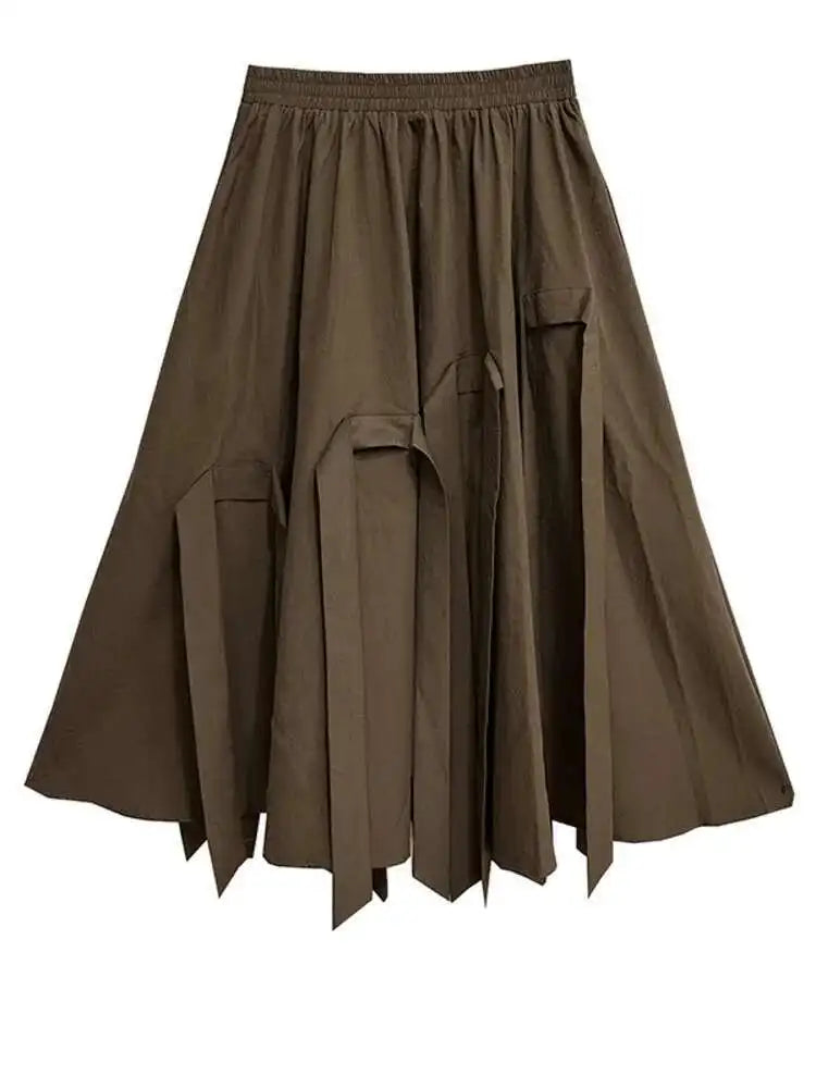 High Elastic Waist Coffee Ribbons Tassels A-line Half-body Skirt Women Fashion Tide New Spring Autumn 2025  1DH9213