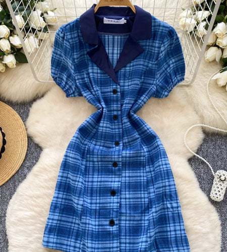 Summer College Style Retro Blue Plaid Festival Short Sleeved Dress Women's Elegant Single Breasted Slim Short Dress Popular Chic