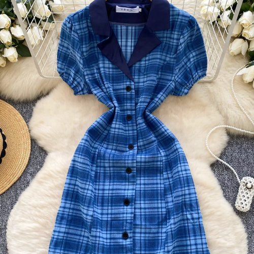 Load image into Gallery viewer, Summer College Style Retro Blue Plaid Festival Short Sleeved Dress Women's Elegant Single Breasted Slim Short Dress Popular Chic

