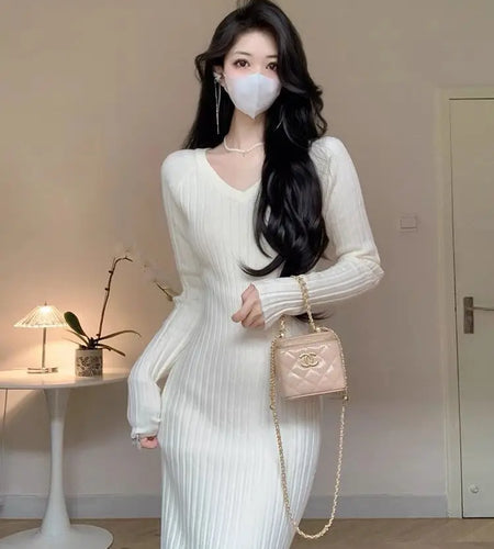 Korean White Knit Long Dress Black V Collar Long Sleeves Bodycon Slim Women Elegant 2023 Autumn Party Khaki Wrap Hip Dress Trend