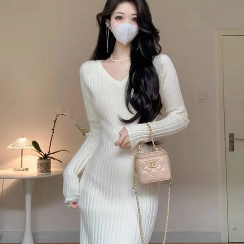 Load image into Gallery viewer, Korean White Knit Long Dress Black V Collar Long Sleeves Bodycon Slim Women Elegant 2023 Autumn Party Khaki Wrap Hip Dress Trend
