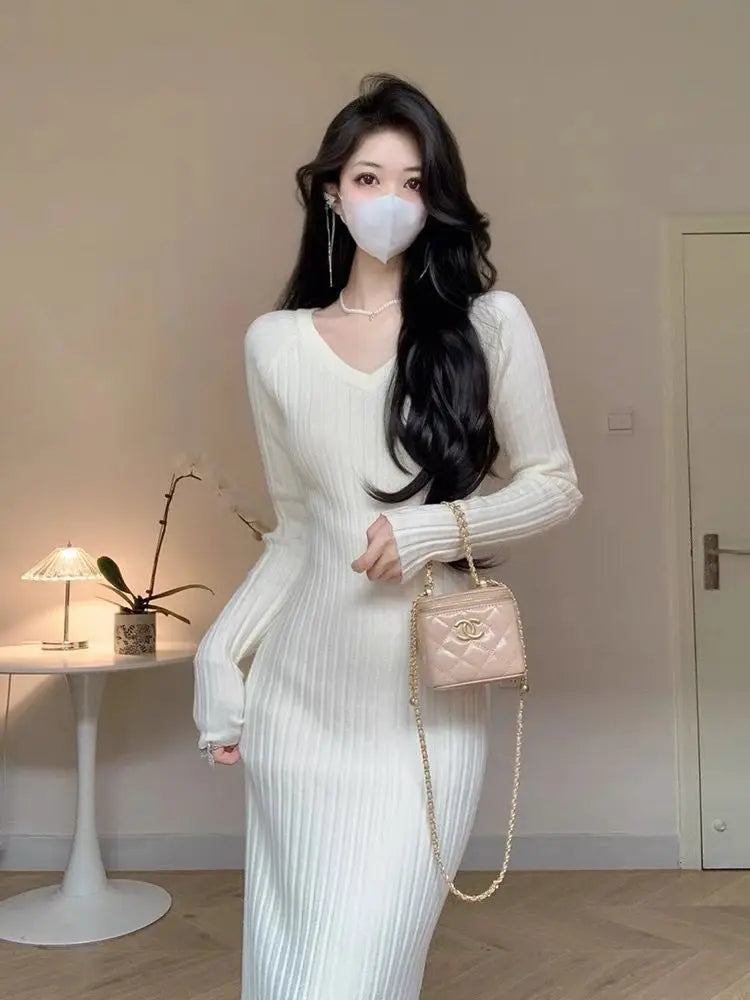 Korean White Knit Long Dress Black V Collar Long Sleeves Bodycon Slim Women Elegant 2023 Autumn Party Khaki Wrap Hip Dress Trend