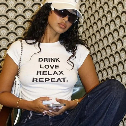 Load image into Gallery viewer, Classic Fashion Woman T-Shirt Belly Button Letter Print Pleats Unique Design Regular Casual Summer Fit Streets Mini Top
