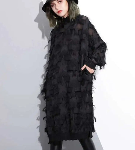 Spring Autumn Stand Collar Long Sleeve Perspective Black Loose Tassels Big Size Dress Women Fashion Tide JI780