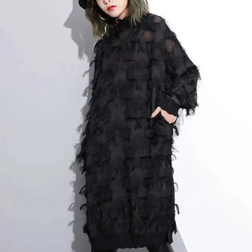 Load image into Gallery viewer, Spring Autumn Stand Collar Long Sleeve Perspective Black Loose Tassels Big Size Dress Women Fashion Tide JI780
