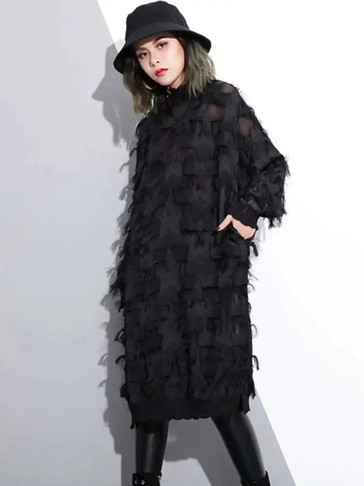 Spring Autumn Stand Collar Long Sleeve Perspective Black Loose Tassels Big Size Dress Women Fashion Tide JI780
