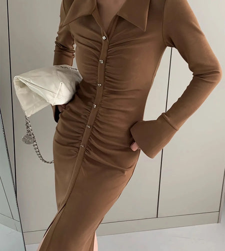 2023 New High Waist Vintage Black Single Breasted Elegant Long Dress Spring Autumn Women Brown Office Pleated Split Shirt Dress