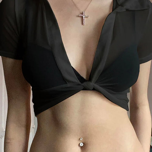 Load image into Gallery viewer, Women's Transparent Mesh Crop Top Short Sleeve V-Neck See through T-Shirt Y2K Streetwear Casual Club Party Sexy Split Tees
