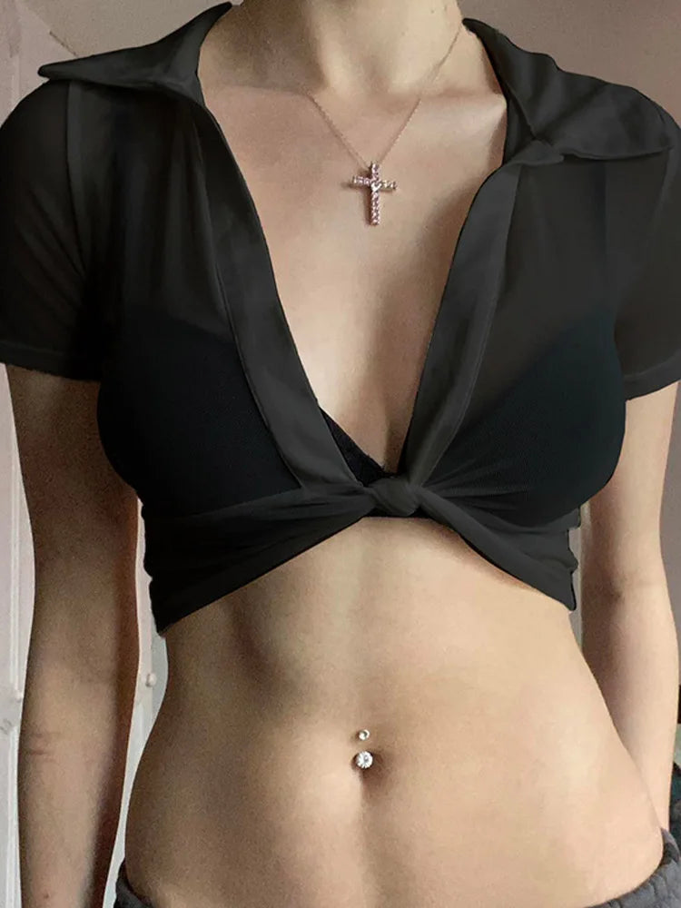 Women's Transparent Mesh Crop Top Short Sleeve V-Neck See through T-Shirt Y2K Streetwear Casual Club Party Sexy Split Tees