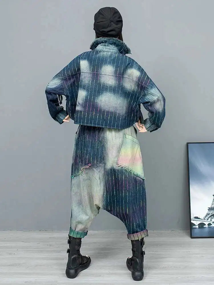 Big Size Denim Jacket Wide Leg Pants Two Piece Suit New Lapel Long Sleeve Women Fashion Tide Spring Autumn 2025 1DH6431