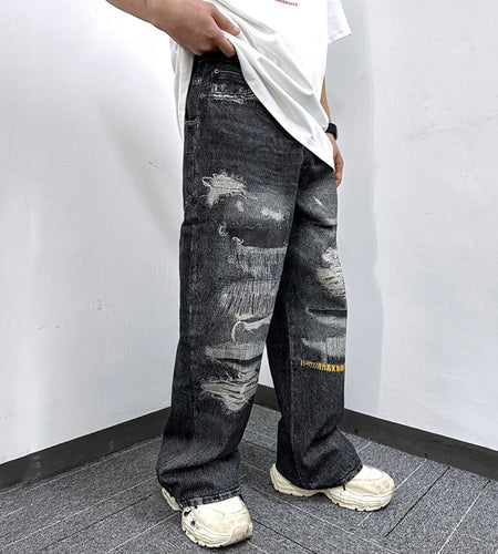 High Street Men's Jeans Trendy Printed Pattern Washed Worn-out Straight Leg Jeans American Style Male Denim Pants 9W1864