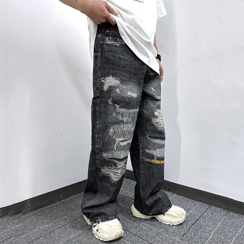 High Street Men's Jeans Trendy Printed Pattern Washed Worn-out Straight Leg Jeans American Style Male Denim Pants 9W1864