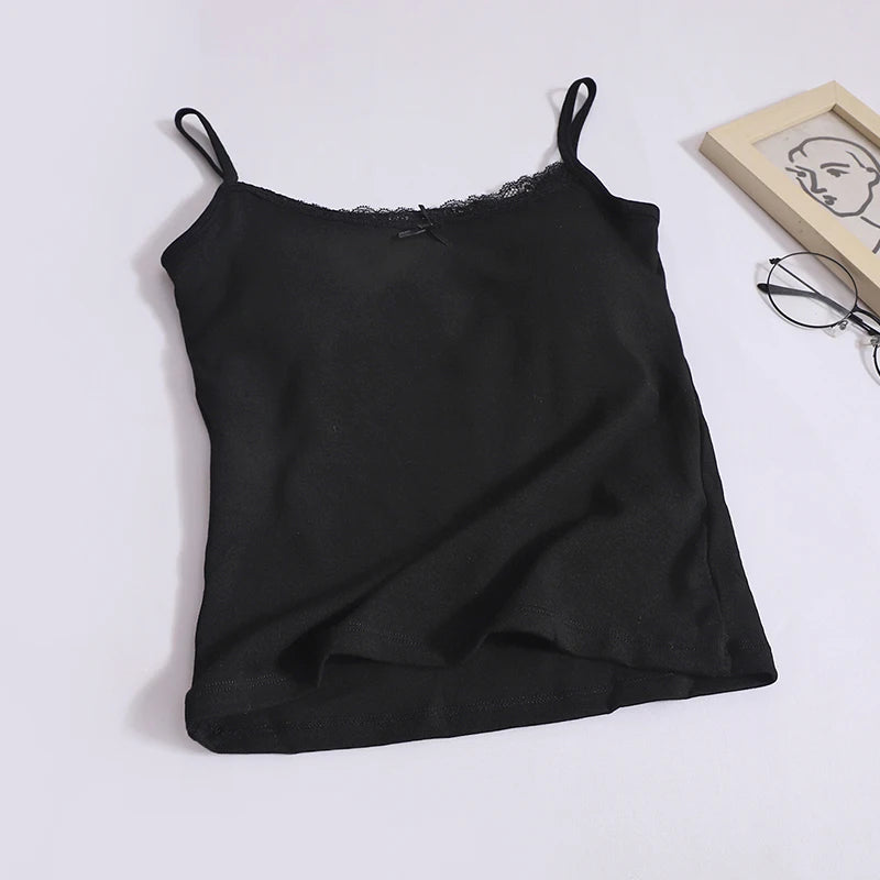 Summer Fashion Women Flower Print Lace Spaghetti Strap Vest Chic Solid Sleeveless Slim Ladies Casual Short Tops Streetwear