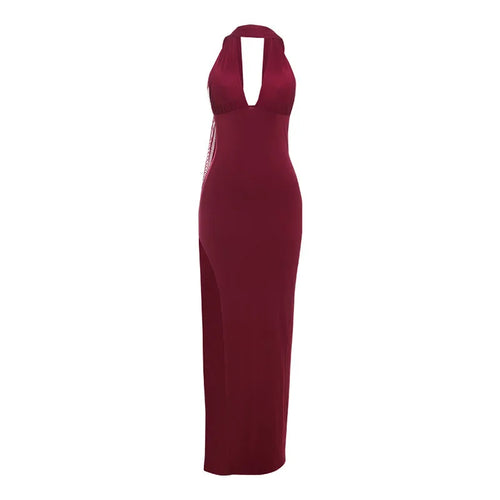 Load image into Gallery viewer, Scarf Collar Backless Sexy Maxi Dress Women Gown Fashion Halter Deep V Neck Thigh High Split Bodycon Long Dress
