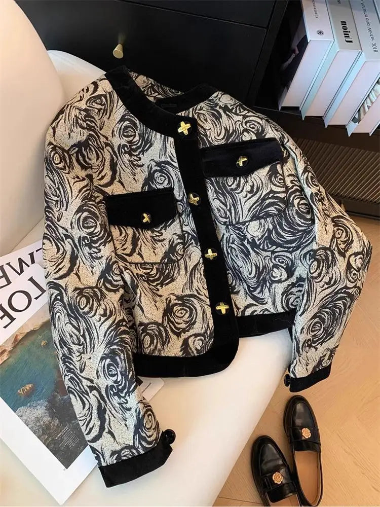 2024 Spring Autumn Women's Black Print Patchwork Long Sleeve Coat Top New Retro Round Neck Single Breasted Cardigan Short Jacket