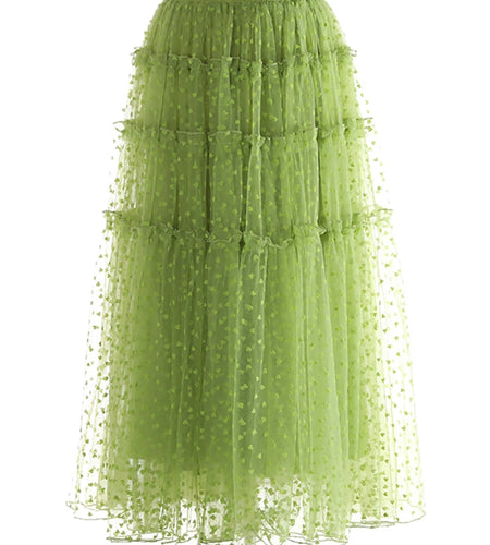 High Elastic Waist Green Dot Mesh Elegant Ball Gown Half-body Skirt Women Fashion Tide New Spring Autumn 2025 1DJ1173