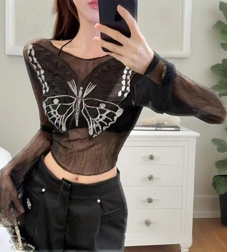 Fairy Grunge Top y2k Clothes Women Sheer Butterfly Print Off Shoulder Long Sleeve T Shirt 2000s Clothing Streetwear